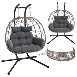 STEELSØN Alarian XXL Hängesessel 2 Personen mit Gestell, Grau/Schwarz 220kg | Rattan Hängestuhl Outdoor & Indoor mit Kissen, Hängekorb höhenverstellbar, faltbar, Gartenschaukel Erwachsene/Kinder, Balkon