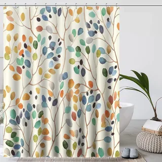 IGINOA Duschvorhang 180x200 Beige Antischimmel aus Stoff Waschbar Badevorhang Bunt Pflanzen Motiv mit Ösen Shower Curtains Vintage Textil Schimmelresistent Badezimmer Badewanne Vorhang Boho Muster
