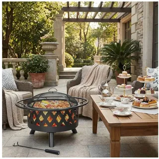 TLGREEN Feuerschale 76cm/80cm BBQ Feuerkorb Garten mit Grillrost, (2-in-1 Feuerschale Outdoor aus Stahl, Inkl. Funkenschutz & Zubehör), Tragbar für Camping, Terrasse, Gartenparty & Lagerfeuer 80 cm