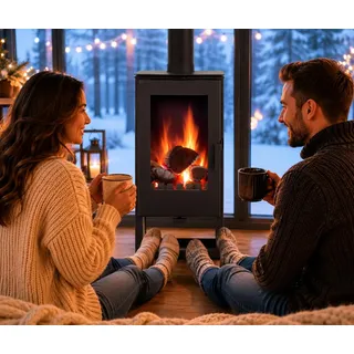 Kaminofen holzofen ALAZ K8M Schwarz 9 kW, Kamin Heizofen Dauerbrandofen Holzofen, Кaminholz Hüttenofen, Кaminfeuer, Briketts Kamin, Fireplace Wood