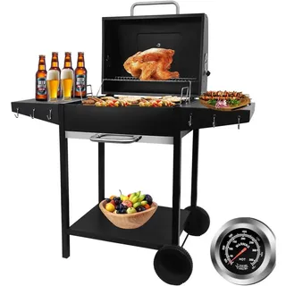 SunJas Holzkohlegrill XXL Grillwagen mit Deckel Thermometer und Doppel-Seitenablagen, grill holzkohle BBQ Grill für Garten und Outdoor-Veranstaltungen, XXL Holzkohlegrill Grillrostmaße 50 x 42 cm für 5-10 Personen schwarz|silberfarben