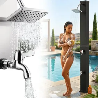 Strattore Solardusche Gartendusche 40 Liter - Warmes Wasser max. 60°C - Ohne Stromanschluss - Mit Fußdusche - Gartenschlauch-Anschluss - Pooldusche Solar Dusche Wasserhahn - Ocean in Schwarz