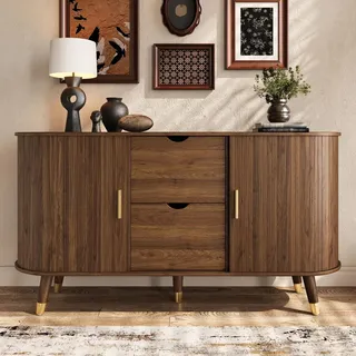 Sideboard,Wohnzimmerschrank mit zwei Schiebetüren und Metall-Türgriffen, Kommode mit zwei Schubladen,abgerundetes Design,Massivholzbeinen,Nussbaum - Braun