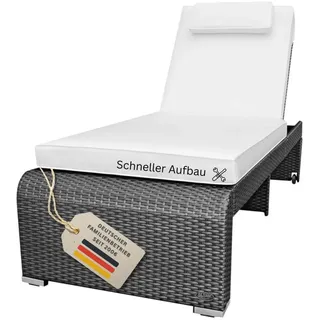 RS Trade Sonnenliege Gartenliege wetterfest aus Rattan, extra hoch & extra breit auch für Senioren – XXL bis 200kg – mit Rollen, Outdoor Liege mit Verstellbarer Rückenlehne, grau mit weißer Auflage