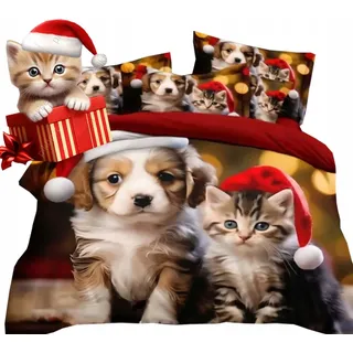 Weihnachtliche Bettwäsche Mit Realistischem 3d-muster, Kissenbezug 140x200+, Motiv: Katze, Hund