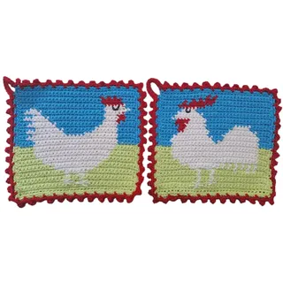 1 Paar Topflappen Hahn + Huhn, weiß, gehäkelt Handarbeit Haustier Hühner