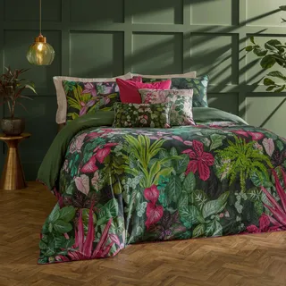 Paoletti Veadeiros Bettbezug Set – Wendbare Botanische Aquarell Dschungel Mit Paspelrand Luxus Bettwäsche (Rosa/Grün – Doppelbett – 200x200cm)