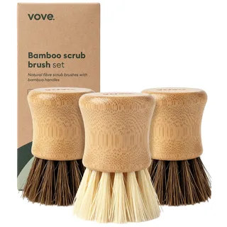 Vove Bambus-Spülbürsten-Set 3er, 2 Harte + 1 mittlere Bürste | Plastikfreie Küchenbürsten für Geschirr, Töpfe und Gusseisen, FSC-zertifizierter Bambus, Naturfaserborsten
