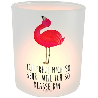 Mr. & Mrs. Panda Windlicht Flamingo Stolz - Transparent - Geschenk, Schwester, Kerzenglas, Windl (1 St), Liebevolles Design