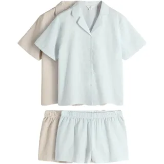 THE SET Damen 2er-Pack Seersucker-Pyjama mit Knopfleiste Neutral/Light Blue M - M