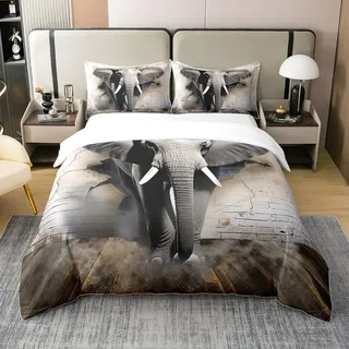 100% Baumwolle Nette 3D Elefant Bettwäsche Set 155x220,Graue Elefant Wand Tröster Abdeckung für Erwachsene Lustige Exotische Wildlife Bettbezug Afrikanische Safari Tier Bett Set Weich Warm