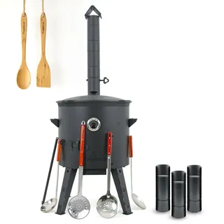 Utschak Feuerofen Ø 44 cm mit Thermometer & Gusseisen Topf 16 L, Ø 46,5 cm | Kazan-Set mit Deckel | Учаг Outdoor Feuerschale & Gulaschkanone | Usbekischer Kochtopf aus Gusseisen, Gartenküche