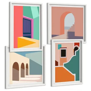 BILDER SET 4er Set - 50x50 cm & 40x60 cm Weißer Rahmen - Farbenfrohe Illustrationen der Stadt