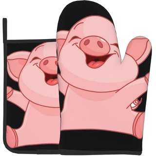 Pink Pig bedruckte Ofenhandschuhe und Topflappen, Set mit 2 lustigen Ofenhandschuhen, Küchenhandschuhe, rutschfeste Topfpads zum Kochen, Backen, Grillen