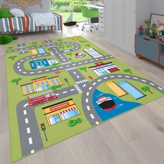Paco Home Teppich Kinderzimmer Kinderteppich Spielteppich Straßen Und Auto Motiv rutschfest Grün Grau, Grösse:160x220 cm