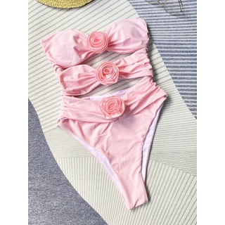 Leap Damen-Badeanzug mit 3D-Blumenapplikationen, trägerlos, ausgeschnitten, gerüscht, Bandeau-Badeanzug - Rosa,L