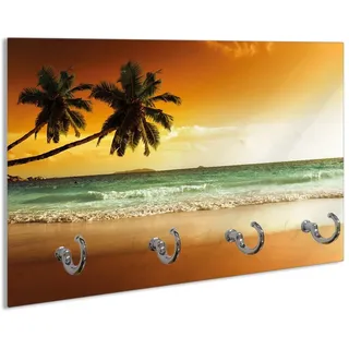 Wallario Schlüsselbrett Palmen am Sandstrand bei untergehender Sonne, (inkl. Aufhängeset), 30x20cm, aus ESG-Sicherheitsglas gelb