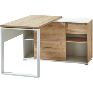 bümö Schreibtisch 120x60 cm mit integriertem Sideboard in Weiß-Eiche, Eckschreibtisch mit Schubladen & Regal - Winkelschreibtisch L-Form, PC Tisch,