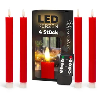 Stabkerzen LED mit Timer ROT 4 Stück ROT indoor - 6 Stunden - ECHTWACHS gerippt 23cm Höhe für Kerzen 2,2cm Durchmesser 2 AAA Batterien notwendig LED Stabkerzen flackernde Flamme bewegliche Flamme