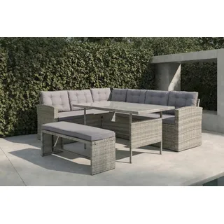 OUTFLEXX Gartenlounge, hellgrau meliert/grau, Polyrattan/Polyester, Tisch 145x79cm, 4 tlg., 7 Pers, inkl. Polster