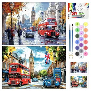 QENSPE 2er-Pack Malen nach Zahlen Set London, Gespannte Leinwand Tafeln zum Malen für Erwachsene Busse, Acryl-Ölgemälde für Schüler und Anfänger, ideal für Malparty (20x30 cm)