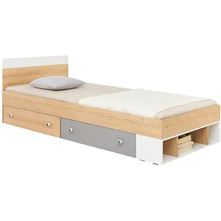 MIRJAN24 Jugendbett Pixel PX14/15 L/P (2-Schubladen und Regal), Kugelgleitschienen beige|grau 124 cm x 204 cm x 80 cm
