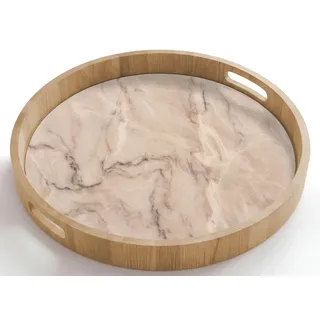 OnlyWow Tablett Rund mit Henkel Marmor – Muster – Abstrakt – Modern – Beige, Eichenholz, (1-tlg), Servierbrett Groß, Tischdeko, Platte, Tisch Deko beige 50 cm x 50 cm x 5 cm