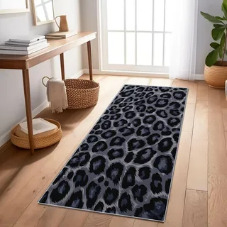 Generisch Tier Leopardenmuster Teppich Läufer 40 x 120 cm Dunkelgrau Teppiche rutschfest Waschbar Bettumrandung Schlafzimmer, Teppichläufer für Küche, Flur, Eingangsbereich