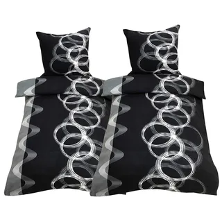 Tiptop Home Leonado-Vicenti Fleece Bettwäsche 135x200 cm 80x80 cm 4teilig Kreise Ringe Schwarz Warme Garnitur Winter Set Bezug Kissen mit Reißverschluss