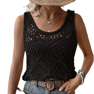 Häkel-Tanktop für Damen, Boho-Strickpullover, Weste, ärmellos, Pullover, leichtes Cami-Top für Sommer, lässig, Strand, Bikini, Vertuschung, Urlaub, Schichtung, Schwarz , L - L