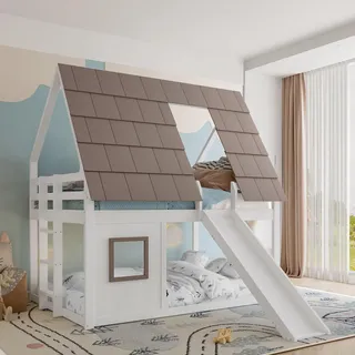FAVSH Hochbett 140x200 cm mit Dach, Hausbett aus Massivholz mit Rutsche und Leiter, Kinderbett mit Rausfallschutz, Etagenbett mit stabilem Bettgestell aus Kiefernholz und MDF, Weiß/Braun,ohne Matratze