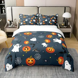 Halloween 100% Baumwolle Bettbezug 155x220,Cartoon Kürbis Bettwäsche Set für Kinder,Halloween Kürbis Geist Festival Thema Tröster Abdeckung,Galaxy Starry Himmel Spinne Web Fledermaus Quilt Cover,Blau