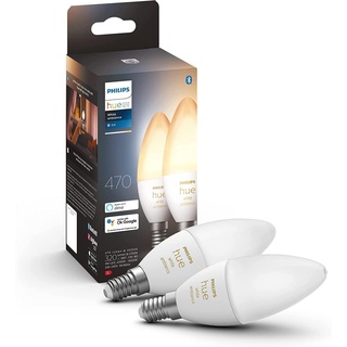 Philips Hue White Ambiance E14 LED Leuchten 2-er Pack (470 lm), dimmbare LED Lampen für das Hue Lichtsystem mit allen Weißtönen, smarte Lichtsteuerung über Sprache und App