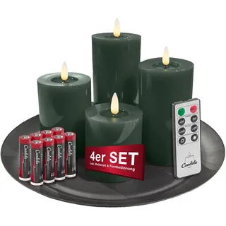 Candela Lights LED Kerzen 4er Set Winter Kollektion Echtwachs Stumpenkerzen grün inkl. Fernbedienung, Dekoteller & Batterien Timer & dimmbar