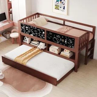 okwish Kinderbett 90x200 Halbhochbett mit Ausziehbett und Graffiti-Tafel,Kinderetagenbett Bettgestell mit Kletterleiter und integrierten Regale,ohn... - Braun