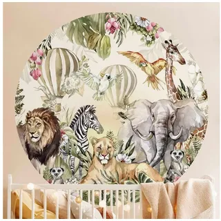 Bilderdepot24 Vliestapete rund Kinderzimmer Aquarell Tiere Ballon Dschungel Kinder, Glatt, Matt, (Vliestapete selbstklebend), Kinderzimmer Babyzimmer Wandtattoo Fototapete Klebe Wandtapete bunt 50 m x 50 m