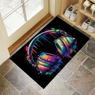 Fußmatte Innen, 60x120 cm Schmutzfangmatte Waschbar Straßengraffiti-Kunst Türmatten mit Rutschfester Unterseite Bunte Kopfhörer Eingang Matte Schmutzmatte für Badezimmer, Haustür & Flur, Schwarz