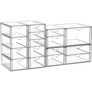 Set von 4 Kosmetik - und Schreibtischorganisatoren mit 16 Schubladen - Durchsichtige, staubdichte Aufbewahrung für Kosmetika, Schmuck, Stifte & Schreibwaren