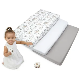 Medi Partners Spannbettlaken 60x120 3-Pack Baby Bettlaken Kinderbett Spannbetttuch 100% Baumwolle - Fitted Kinder Sheet Bettwäsche Babymatratze Schlafsack Babybett (Hirsch in den Blättern-Weiß-Graue)
