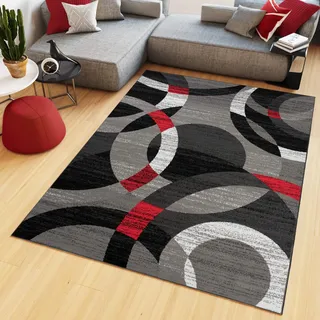TAPISO Maya Teppich Kurzflor Schwarz Grau Rot Weiß Kreise 180 x 250 cm | Modern Streifen Design Meliert Wohnzimmer Schlafzimmer Büro oeko-tex