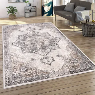 Paco Home Teppich Wohnzimmer Kurzflor Vintage Stil Moderne Ornamente Bordüre Grau, 7