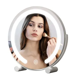WDWRITTI Standspiegel klein mit licht Kosmetikspiegel mit beleuchtung Schminkspiegel (Makeup Spiegel Rund, 360° Drehbar), 3Lichtfarben+Dimmbar+Touch weiß