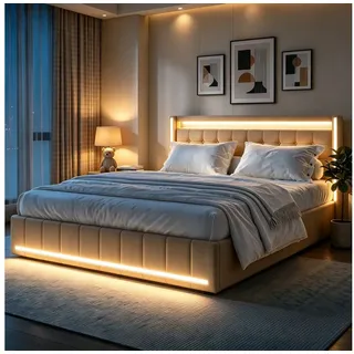 Simurq Polsterbett 180 x 200 cm Doppelbett mit LED Beleuchtung und Ladefunktion (Mit Komforthöhe Lattenrost, Leises Design Bett), Jugendbett 4 Schubladen Stauraumbett, in 2 Größen verfügbar beige