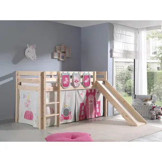 Spielbett Hochbett Kinderbett 90x200 Rutsche Vorhang Tasche Prinzessin Rosa Holz