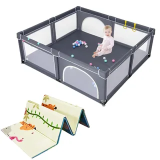 DREAMADE 206 X 185CM Laufstall Baby, Laufgitter Faltbar mit 50 Bällen & 4 Griffe, Schutzgitter mit 2 Türen, Krabbelgitter Indoor & Outdoor (Dunkelgrau, mit Matratze)
