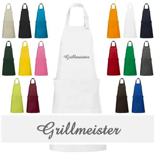 Schnoschi Grillschürze Hochwertige Küchenschürze mit Grillmeister bestickt, Grill Schürze, Stickerei Grillmeister, Große Tasche mit 2 Fächern, Metallschlaufe weiß