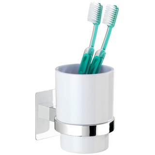 WENKO Turbo-Loc® Zahnputzbecher Quadro - Zahnbürstenhalter für Zahnbürste und Zahnpasta, Befestigen ohne bohren, Kunststoff (ABS), 7 x 10 x 9.5 cm, Chrom