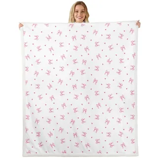 Homewish Weiß Mit Rosa Schleifen Decke 150x200cm Aesthetic Rosa Schleifenmuster Kuscheldecke Bowknot Herz Muster Fleecedecke für Kinder Jugendliche,Mädchen und Prinzessin Bett Sofa Couch Decken
