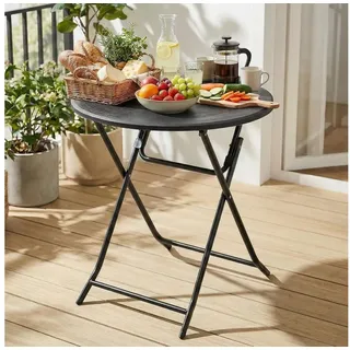 TLGREEN Gartentisch Rund Holz-Optik 60cm (Klappbarer Balkontisch mit Stahlrahmen, Wetterfester Campingtisch, Esstisch für Garten, Picknick, Party), Pflegeleicht, Stabil bis 50kg, Platzsparend grau