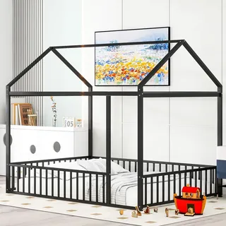 SOFTWEARY Hausbett mit Rausfallschutz, 140x200 cm, Metallbett, Kinderbett, Jugendbett aus Metall Schwarz